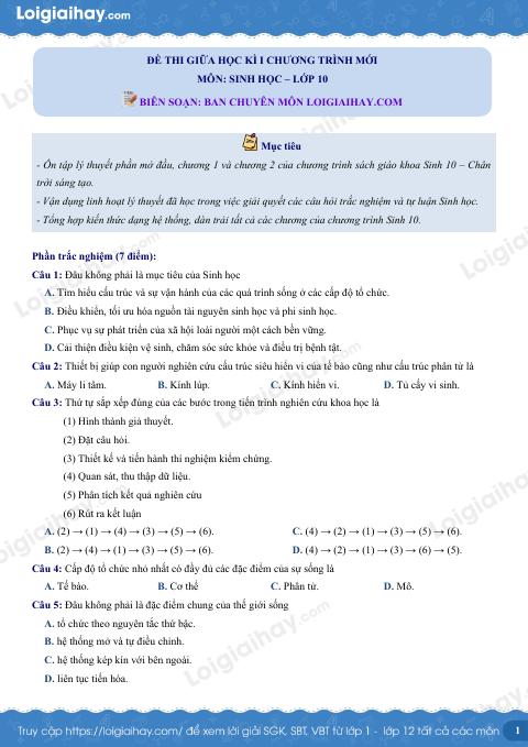 Đề thi giữa kì 1 Sinh 10 Chân trời sáng tạo - Đề số 1